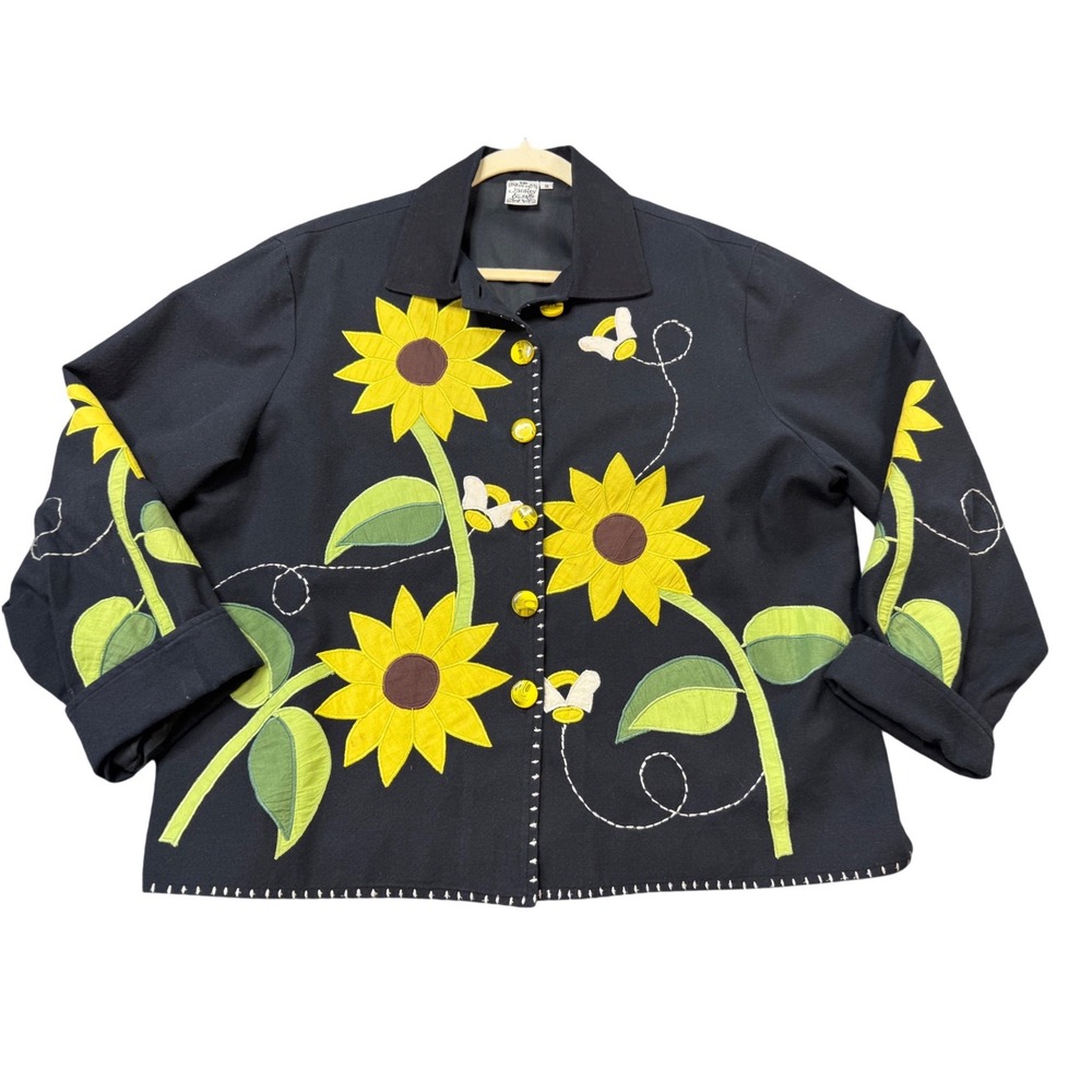 Parsley & Sage Vintage Sunflower Bee Jacket Women 1X Black Applique Art to Wear